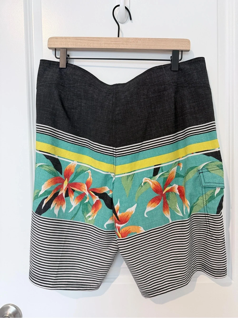 Mossimo Supply Co. Black Board Shorts with Teal, Yellow & Orange Floral Stripe